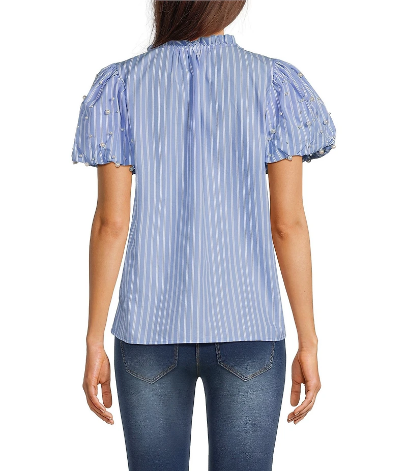 Calessa Petite Size Knit Stripe Split V-Neck Beaded Short Balloon Sleeve Top