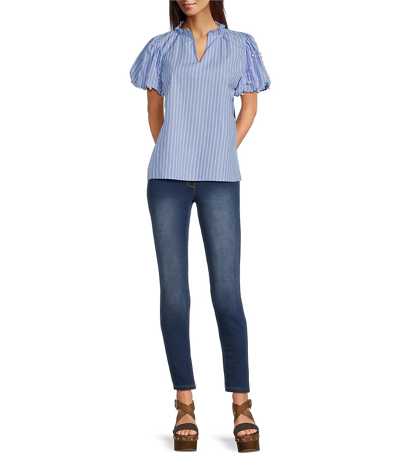 Calessa Petite Size Knit Stripe Split V-Neck Beaded Short Balloon Sleeve Top