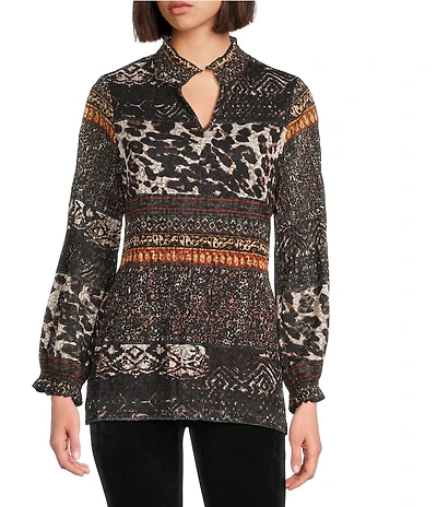 Calessa Mesh Animal Border Print Split V-Neck Long Sleeve Tunic