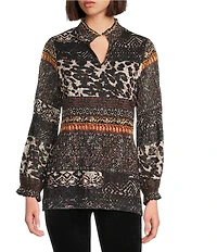 Calessa Mesh Animal Border Print Split V-Neck Long Sleeve Tunic