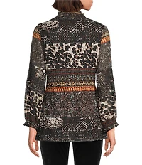 Calessa Mesh Animal Border Print Split V-Neck Long Sleeve Tunic
