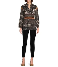 Calessa Mesh Animal Border Print Split V-Neck Long Sleeve Tunic