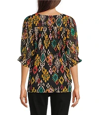 Calessa Petite Size Mesh Knit Abstract Ikat Print Square Neck Elbow Sleeve Tunic