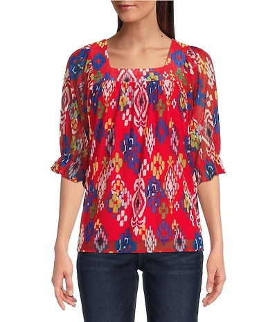 Calessa Petite Size Mesh Knit New Ikat Printed Square Neck Elbow Sleeve Tunic