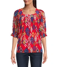 Calessa Petite Size Mesh Knit New Ikat Printed Square Neck Elbow Sleeve Tunic