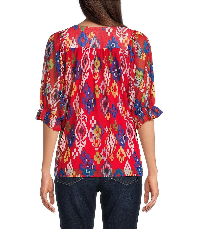 Calessa Petite Size Mesh Knit New Ikat Printed Square Neck Elbow Sleeve Tunic