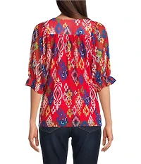 Calessa Petite Size Mesh Knit New Ikat Printed Square Neck Elbow Sleeve Tunic
