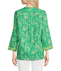 Calessa Petite Size Mini Floral Embroidered Round Neck Wrist Length Sleeve Tunic