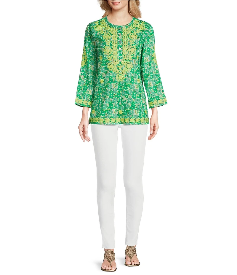 Calessa Petite Size Mini Floral Embroidered Round Neck Wrist Length Sleeve Tunic