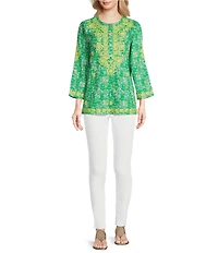 Calessa Petite Size Mini Floral Embroidered Round Neck Wrist Length Sleeve Tunic