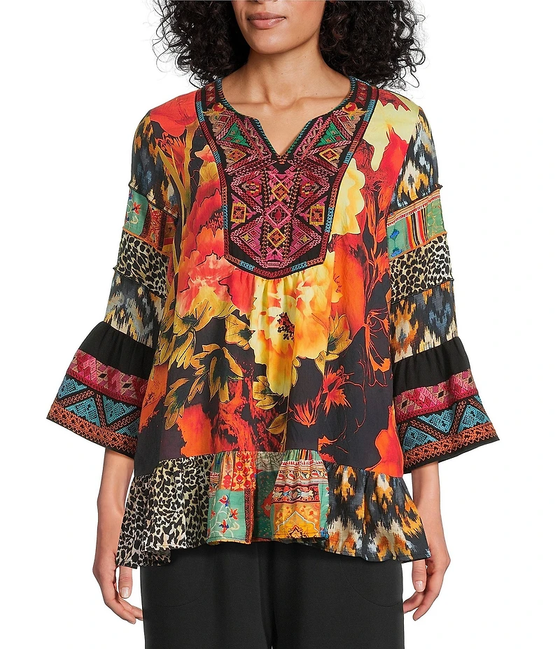 Calessa Petite Size Mixed Floral Print Embroidered Split V-Neck 3/4 Bell Sleeve Tunic