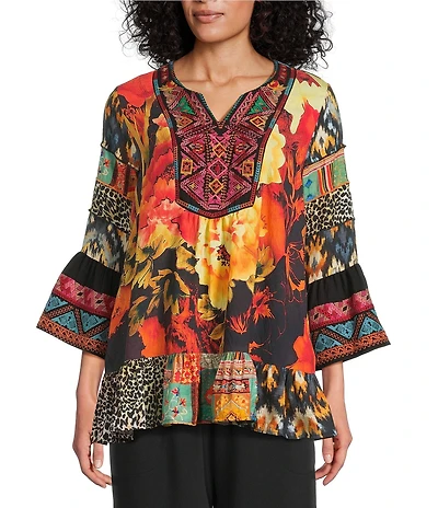 Calessa Petite Size Mixed Floral Print Embroidered Split V-Neck 3/4 Bell Sleeve Tunic