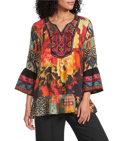 Calessa Petite Size Mixed Floral Print Embroidered Split V-Neck 3/4 Bell Sleeve Tunic