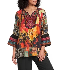 Calessa Petite Size Mixed Floral Print Embroidered Split V-Neck 3/4 Bell Sleeve Tunic