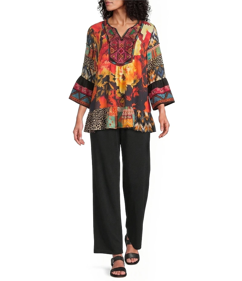 Calessa Petite Size Mixed Floral Print Embroidered Split V-Neck 3/4 Bell Sleeve Tunic