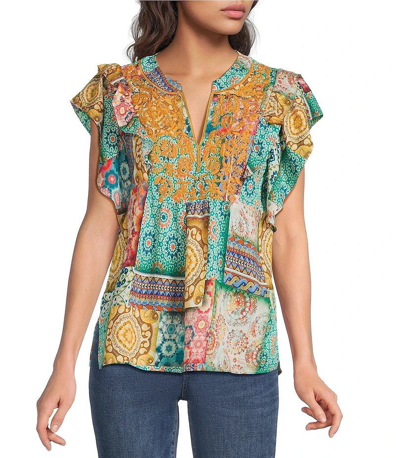 Calessa Petite Size Modern Mosaic Embroidered Ruffle Sleeve Split V-Neck Tunic