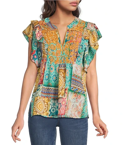 Calessa Petite Size Modern Mosaic Embroidered Ruffle Sleeve Split V-Neck Tunic