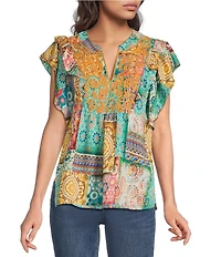 Calessa Petite Size Modern Mosaic Embroidered Ruffle Sleeve Split V-Neck Tunic