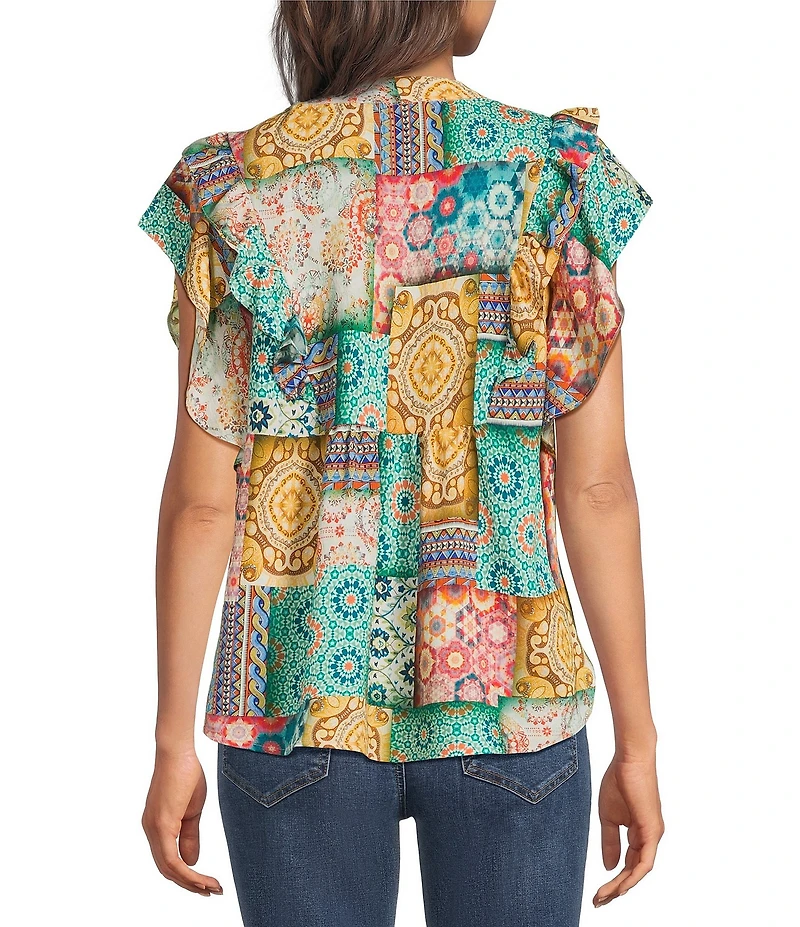 Calessa Petite Size Modern Mosaic Embroidered Ruffle Sleeve Split V-Neck Tunic