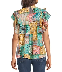 Calessa Petite Size Modern Mosaic Embroidered Ruffle Sleeve Split V-Neck Tunic