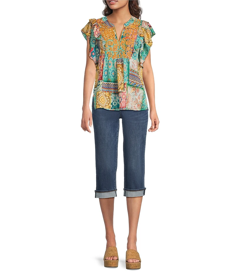 Calessa Petite Size Modern Mosaic Embroidered Ruffle Sleeve Split V-Neck Tunic