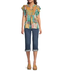 Calessa Petite Size Modern Mosaic Embroidered Ruffle Sleeve Split V-Neck Tunic