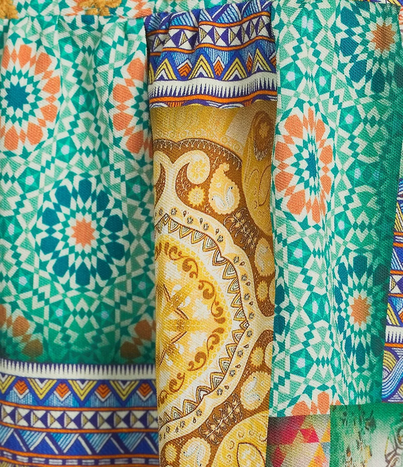 Calessa Petite Size Modern Mosaic Embroidered Ruffle Sleeve Split V-Neck Tunic