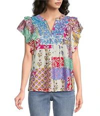 Calessa Petite Size Modern Mosaic Embroidered Split V-Neck Ruffle Cap Sleeve Tunic