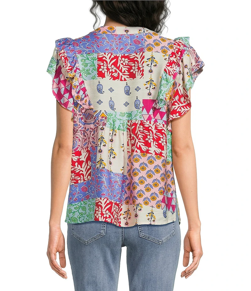 Calessa Petite Size Modern Mosaic Embroidered Split V-Neck Ruffle Cap Sleeve Tunic