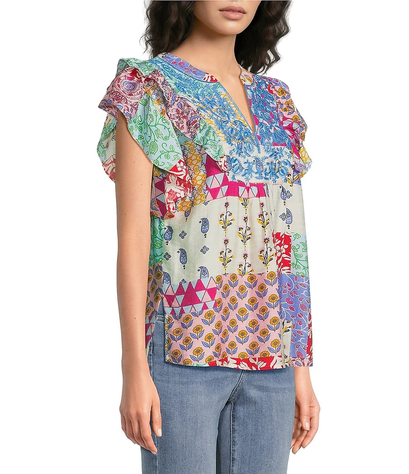 Calessa Petite Size Modern Mosaic Embroidered Split V-Neck Ruffle Cap Sleeve Tunic