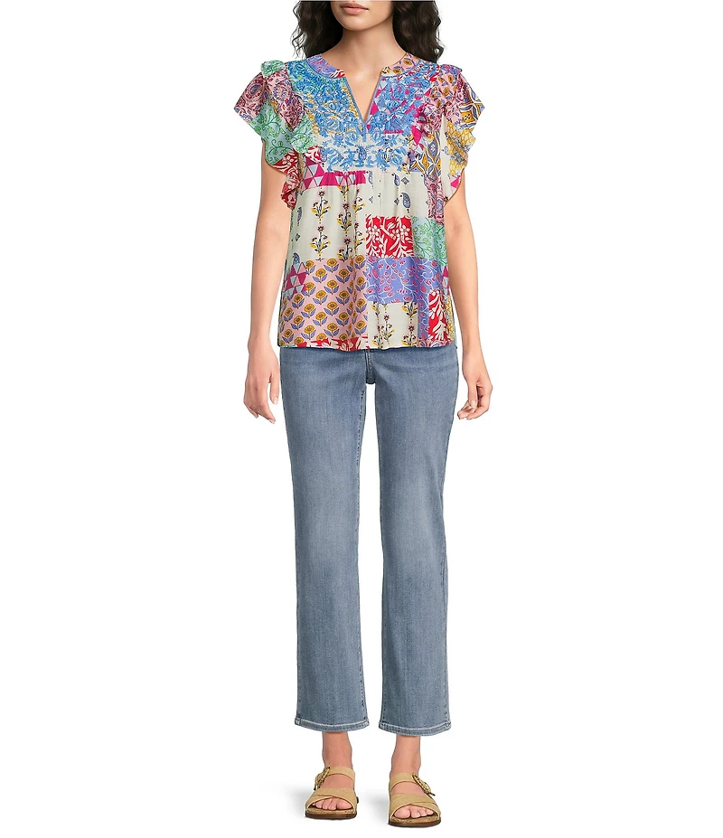 Calessa Petite Size Modern Mosaic Embroidered Split V-Neck Ruffle Cap Sleeve Tunic