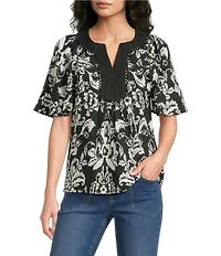 Calessa Petite Size Modern Mosaic Split Round V-Neck Contrast Trim Tunic