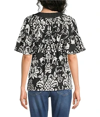 Calessa Petite Size Modern Mosaic Split Round V-Neck Contrast Trim Tunic