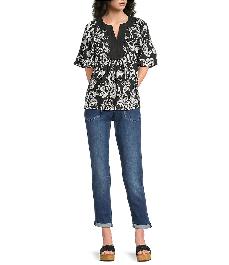 Calessa Petite Size Modern Mosaic Split Round V-Neck Contrast Trim Tunic