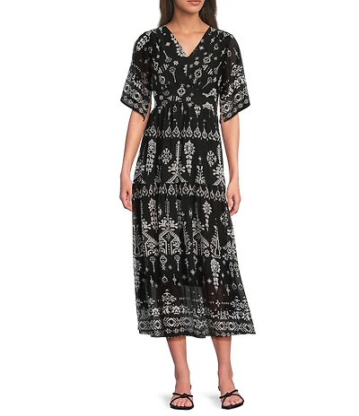 Calessa Petite Size Modern Mosaic V-Neck Short Sleeve Tiered A-line Midi Dress