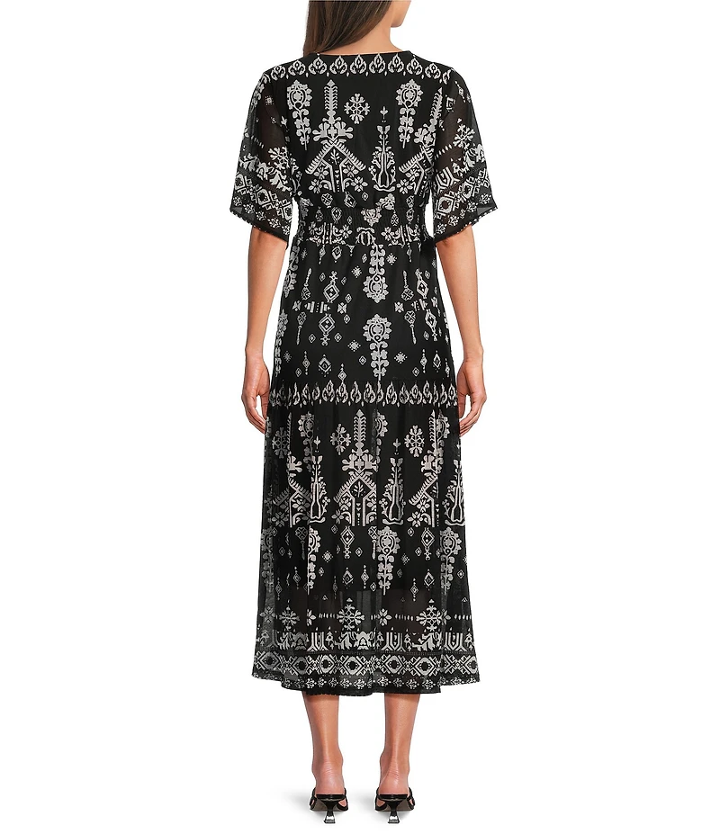 Calessa Petite Size Modern Mosaic V-Neck Short Sleeve Tiered A-line Midi Dress