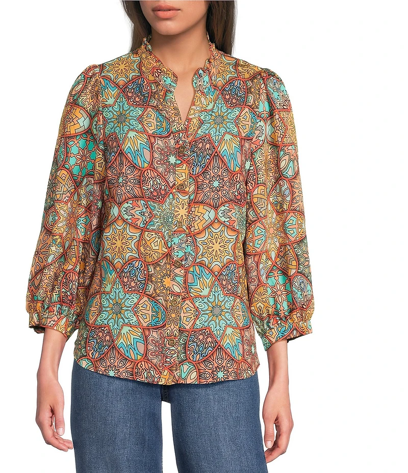 Calessa Petite Size Mosaic Patchwork Print High Split V-Neck 3/4 Sleeve Button Front Shirt