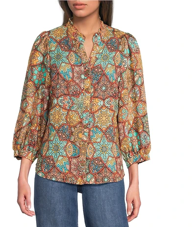 Calessa Petite Size Mosaic Patchwork Print High Split V-Neck 3/4 Sleeve Button Front Shirt