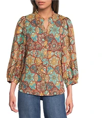 Calessa Petite Size Mosaic Patchwork Print High Split V-Neck 3/4 Sleeve Button Front Shirt
