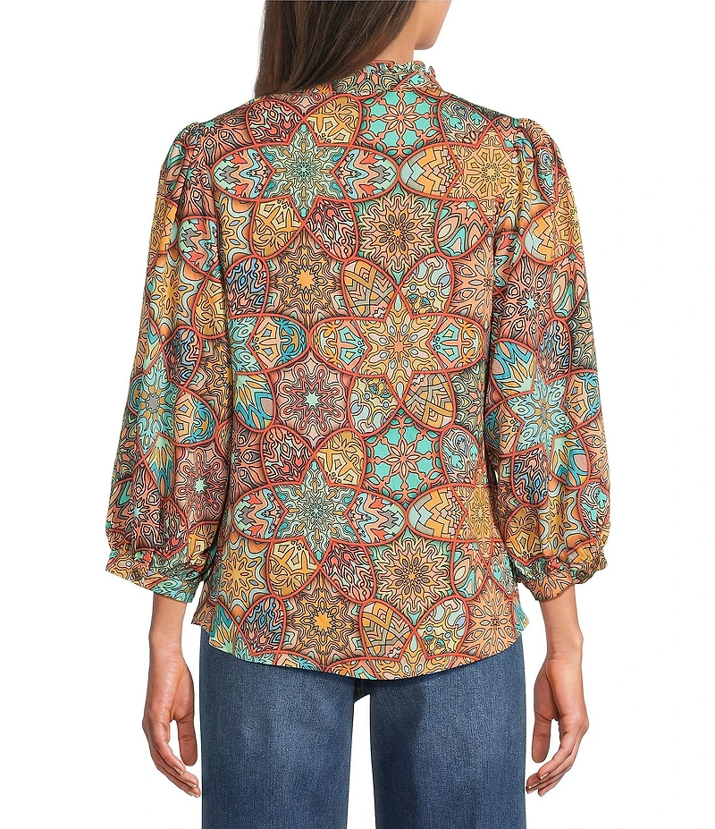 Calessa Petite Size Mosaic Patchwork Print High Split V-Neck 3/4 Sleeve Button Front Shirt