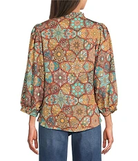 Calessa Petite Size Mosaic Patchwork Print High Split V-Neck 3/4 Sleeve Button Front Shirt