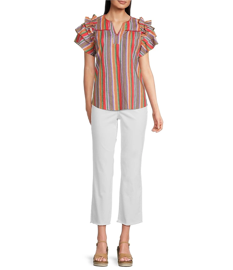 Calessa Petite Size Multi Stripe Split V-Neck Short Ruffle Sleeve Tunic