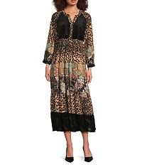 Calessa Petite Size Patchwork Animal Print V-Neck Wrist Length Sleeve Midi Dress