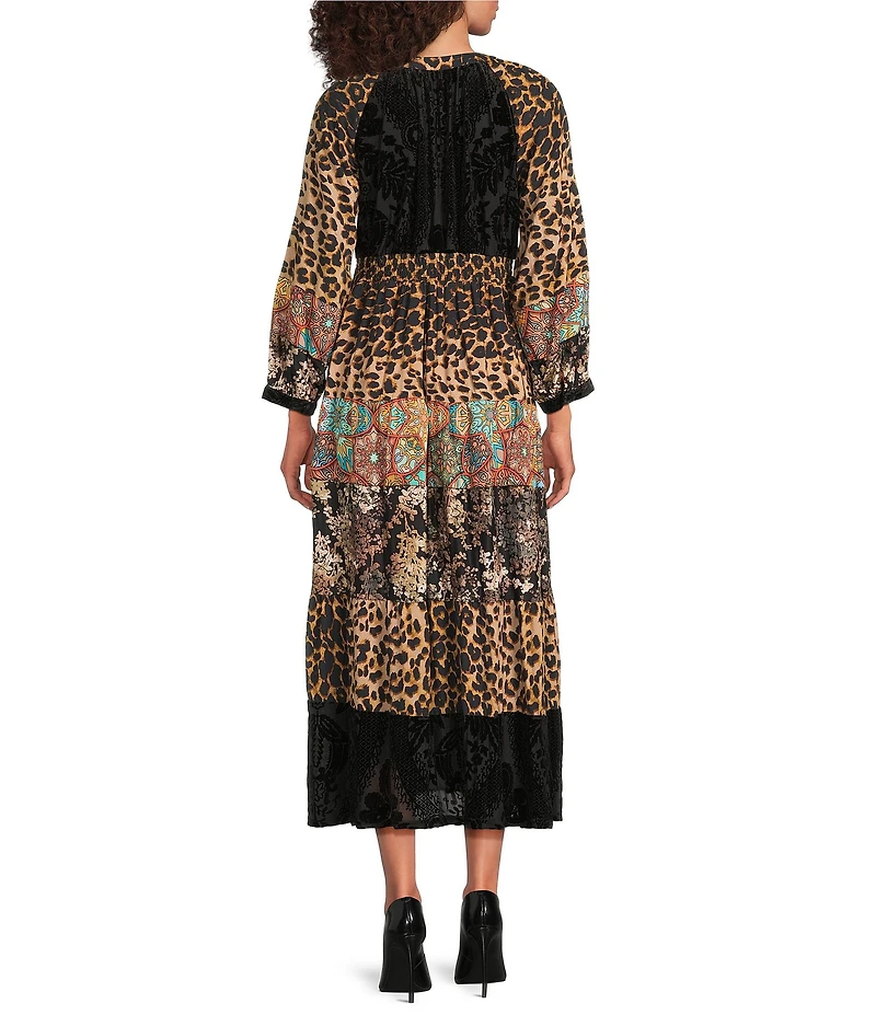 Calessa Petite Size Patchwork Animal Print V-Neck Wrist Length Sleeve Midi Dress