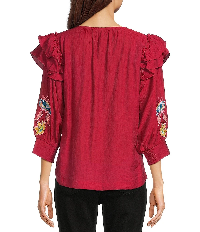 Calessa Petite Size Patchwork Embroidered Split V-Neck 3/4 Sleeve Tunic