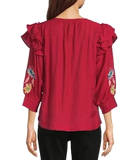 Calessa Petite Size Patchwork Embroidered Split V-Neck 3/4 Sleeve Tunic