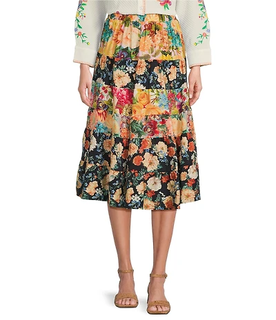 Calessa Petite Size Patchwork Floral Print Midi Tiered A-Line Pull-On Skirt