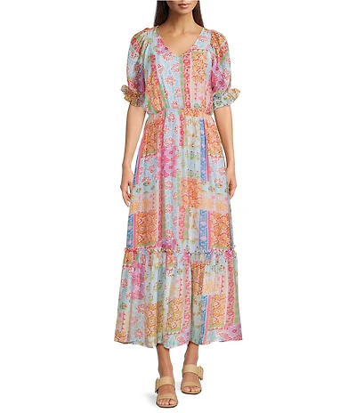 Calessa Petite Size Patchwork Mosaic Print V-Neck Short Sleeve Tiered Dress