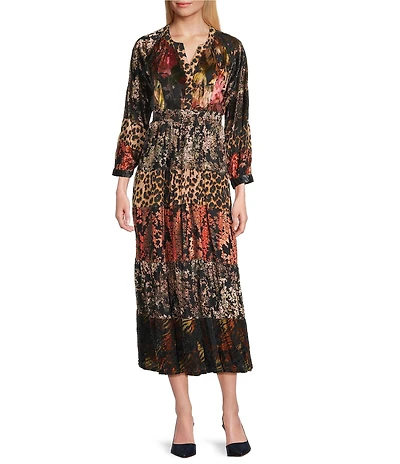 Calessa Petite Size Patchwork Print Split V-Neck Wrist Sleeve Tiered Comfort Maxi Dress
