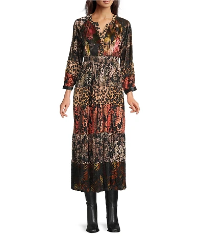 Calessa Petite Size Patchwork Print Split V-Neck Wrist Sleeve Tiered Comfort Maxi Dress
